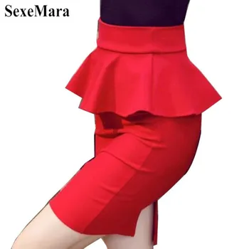 

SexeMara New Spring 5XL Big Size Peplum Skirt Office Lady Frilly Skirt Female Sexy Mini Skirt Pencil Slit Red Black Skirt