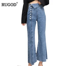RUGOD новые осенние модные брюки, джинсы с яркой отделкой для женщин элегантные Асимметричные пряжки Высокая талия джинсы Femme Повседневные тонкие джинсовые брюки