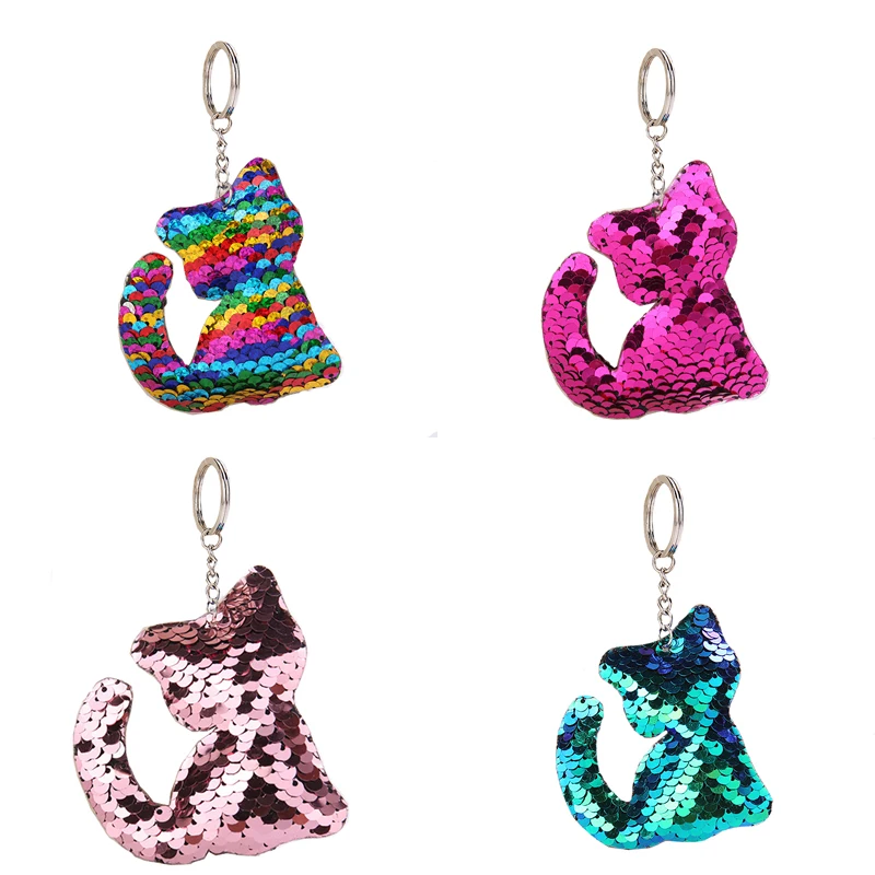 

1pc Cute Cartoon Cat Keychain Glitter Pompom Sequins Key Chain Gifts for Women Car Bag Shiny Accessories Key Ring Bling Jewelry