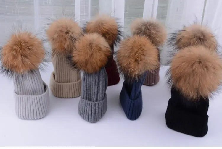 winter hats for girls kids boys knitted hat girl pom pom hat kids girls children natural raccoon Winter hats for children (3)