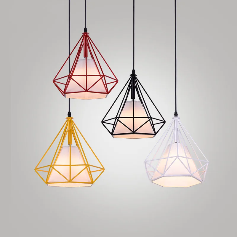 

Modern Iron Cage Pendant Lights Loft Hang Lamp Diamond Birdcage Luster LED Industrial Lamp Lamparas De Techo Kitchen Kids Bar