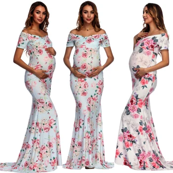 

Maternity Photograph Props Pregnant Dresses Clothing For Photo Shooting Pregnancy Wear Sexy Long Floral Trumpet Dress Clothes