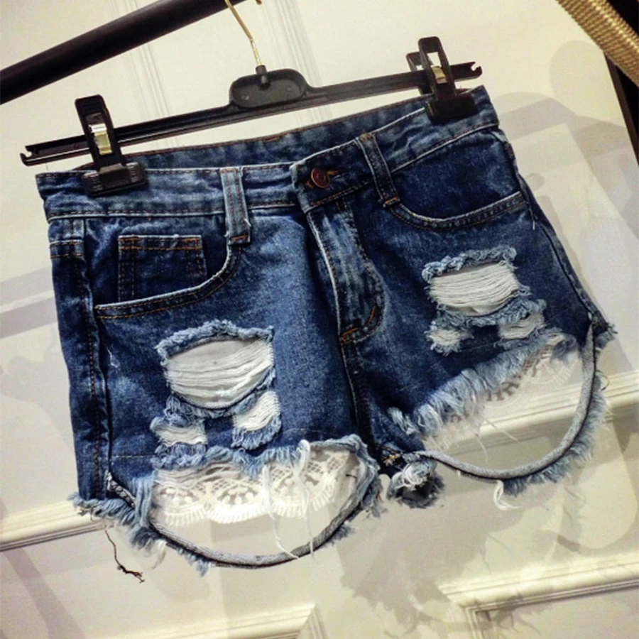 Summer High Waisted Lace Crochet Blue Hole Denim Shorts