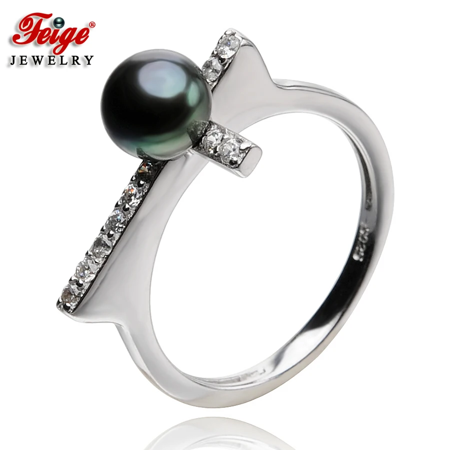 

Cross-shaped Pearl Rings For Women's 6-7mm Black Natural Freshwater Pearls 100% 925 Sterling Silver Rings Fine jewelry