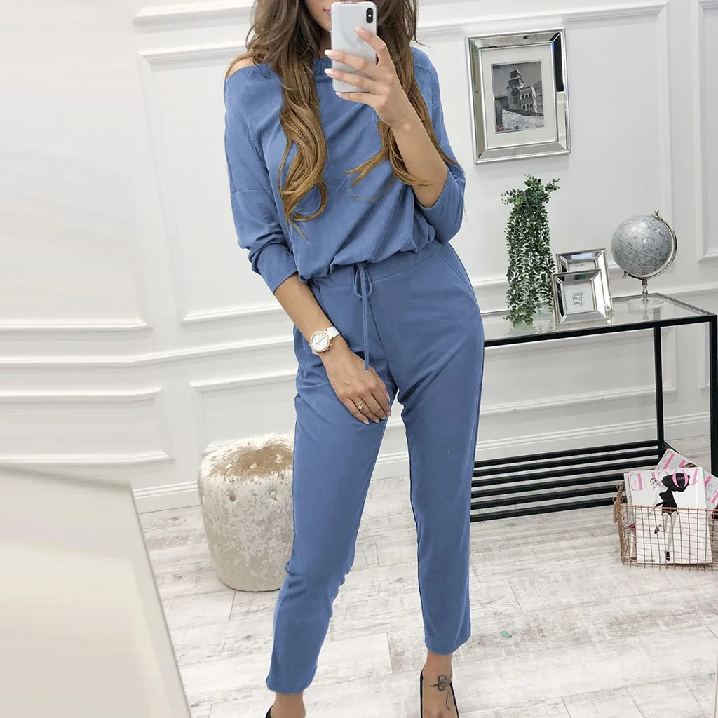 

Two Piece Set 2019 spring Women's Long Sleeve Solid Color Shirt Top + Pants Set 2 piece set women matching sets