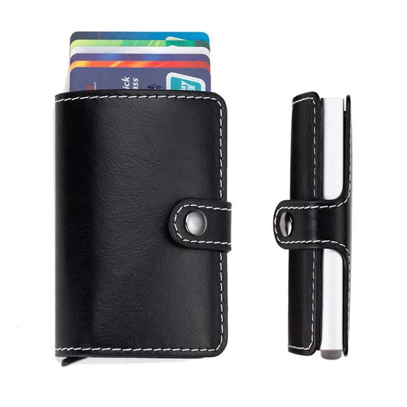 

Protected Vintage Automatic Leather Credit Card Holder Men Aluminum Alloy Hasp Business ID Multifunction Cardholder Wallet