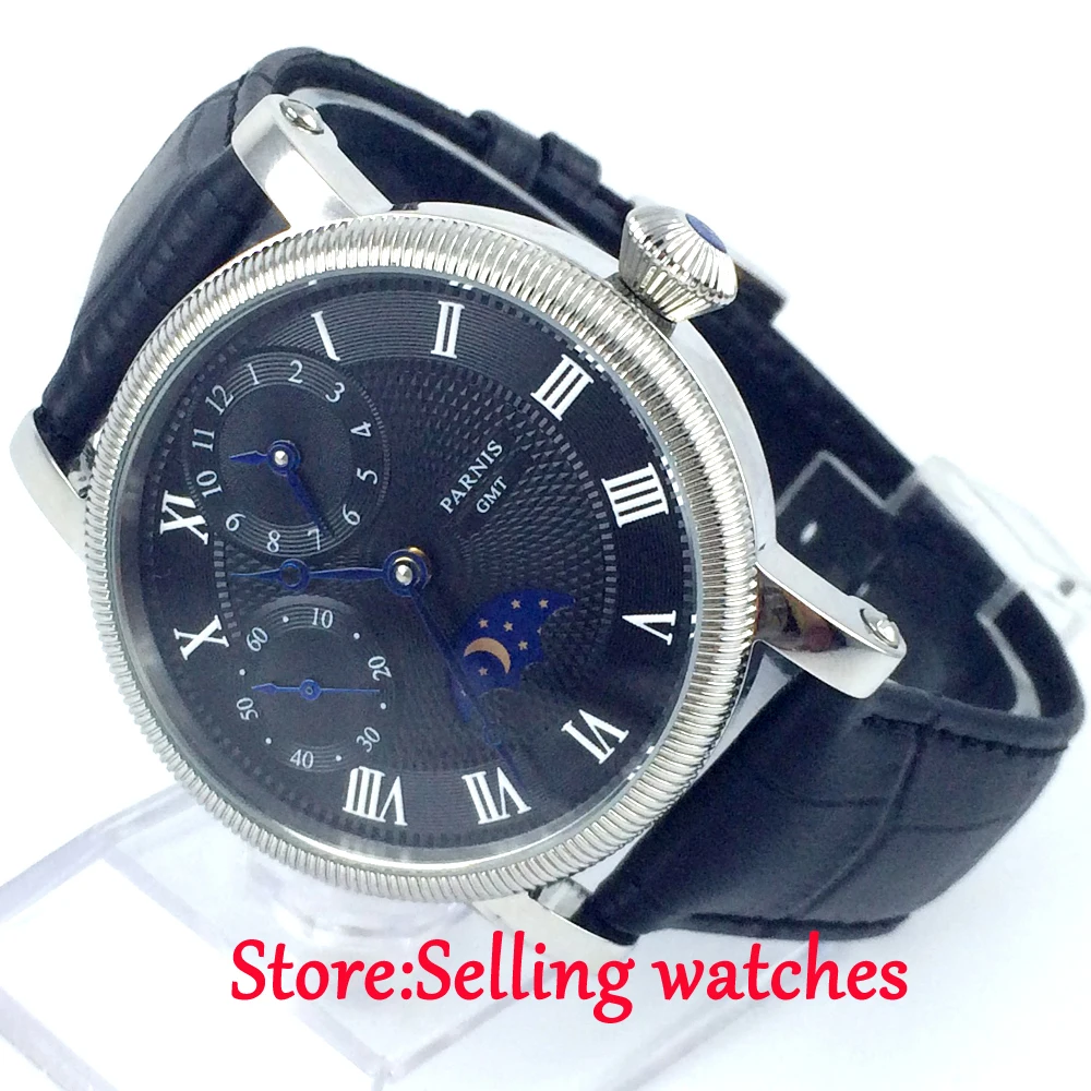 42mm parnis black dial GMT blue hands hand winding movement mens watch