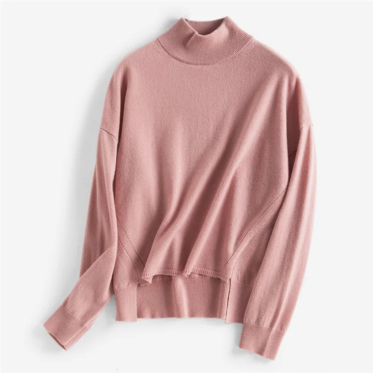  high grade pure wool turtleneck knit women vintage irregular hem pullover sweater pink 6colors one&