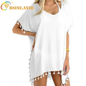 

Women Dress One Size Chiffon Fringed Ball Beach Wear Large Size Bikini Hood Sunscreen Girl O-Neck Solid Color Blouse with Tassel