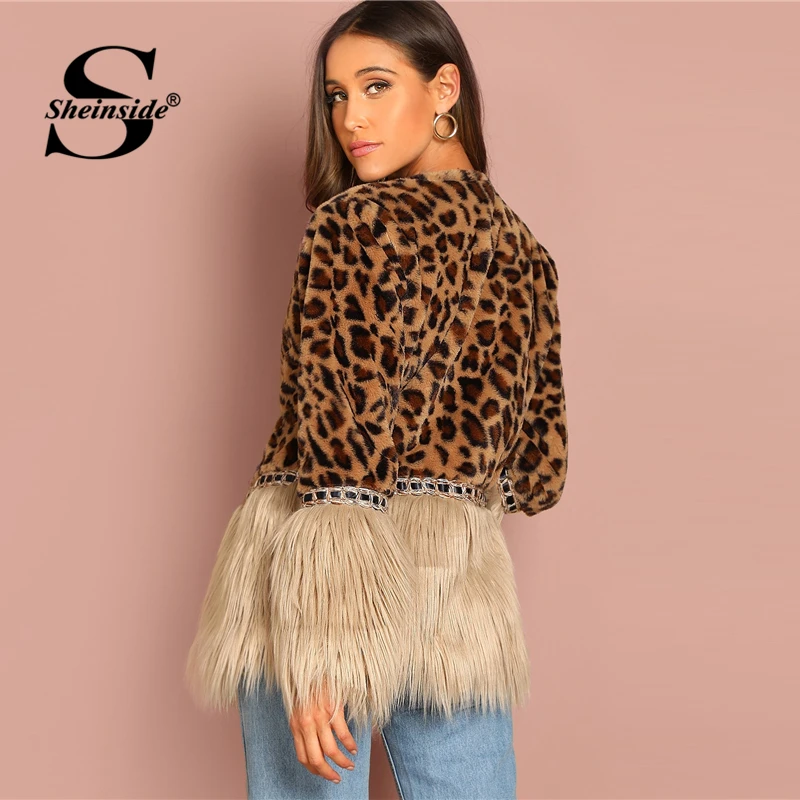 Sheinside Contrast Faux Fur Coat Leopard Print Winter Jacket Women 2018 Long Sleeve Outerwear Casual Womens Coats And Jackets