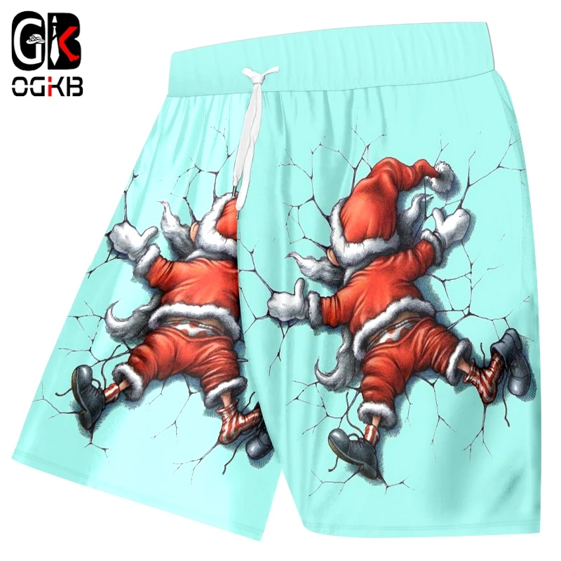 OGKB Men's New Christmas Beach Shorts 3D Printed Funny Santa Claus Plus