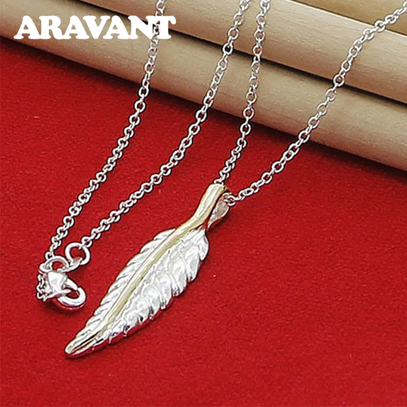 

925 Silver Feather Pendants Necklace Chains For Women Wedding Accessories Jewelry