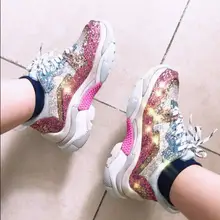 Designer De moda Tênis Tênis De Couro Mulher Bling Bling Glitters Rosa Tenis Feminino Nova Plataforma de Rendas Até Sapatos Casuais