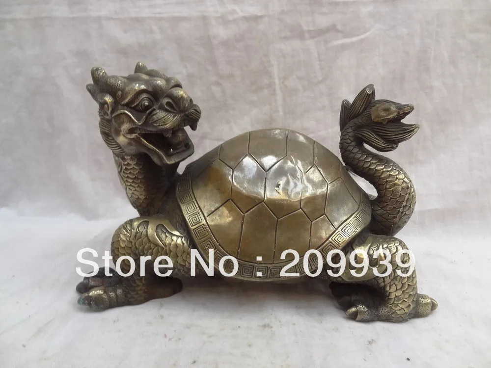 

00628 10" Chinese Bronze Carved FengShui BiXie Dragon Turtle Set Tortoise Statue