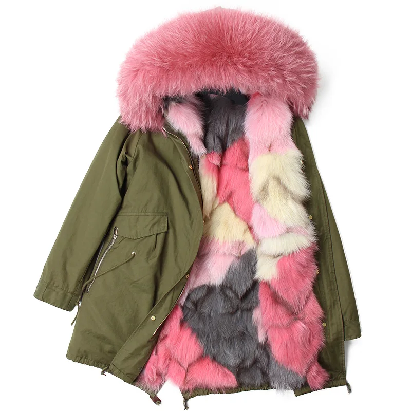 

Casual army green black jacket winter real fox fur coat long parkas luxury outerwear women clothing 2018 real raccoon fur collar