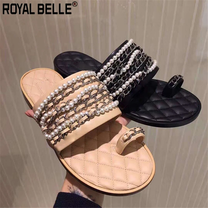 

Royal Belle Pearls Metal Chain Open Toe Summer Slippers Leather Outside Slip On Soft Flat Slides Beach Shoes Casual Woman Shoes