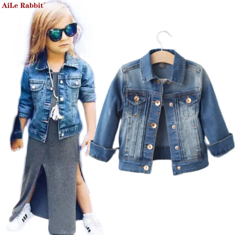 

AiLe Rabbit New Autumn Child Cowboy Coat Girls Fashion Long Sleeve Outerwear Jacket Denim Pocket Brand Children 's Clothing k1
