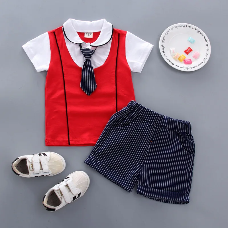 Одежда для маленьких мальчиков летняя футболка в джентльменском стиле с якорем+ штаны Повседневный Спортивный костюм из 2 предметов для новорожденных Одежда для маленьких девочек комплект для малышей - Цвет: red