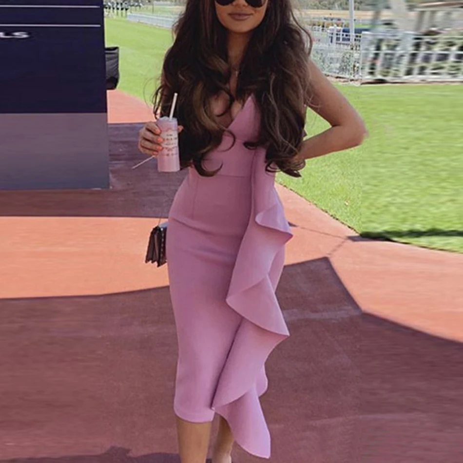 

New Summer Women Celebrity Evening Party Dress Vestidos Verano 2019 Sexy Sleeveless Ruffles Pink White Bodycon Club Dress
