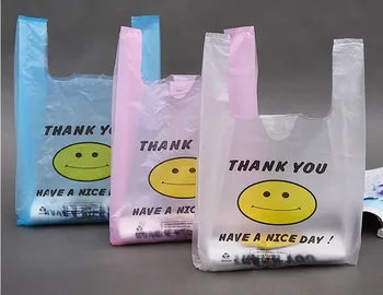 

100pcs 32*51 Thicker 5D Supermarket Yellow Lovely Smile White Vest Plastic Carrier Shopping Hand Bag Packaging Bags