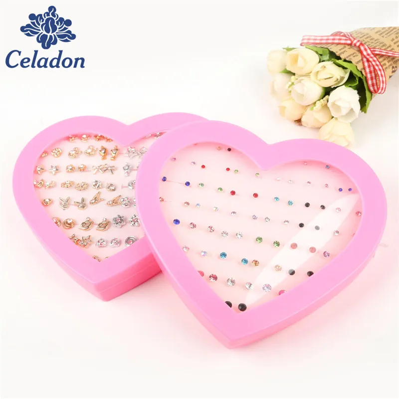 Дизайн, 36 пар сережек разных цветов для маленьких девочек, серебро и розовое золото, комплект милых сережек с сердечком для детей
