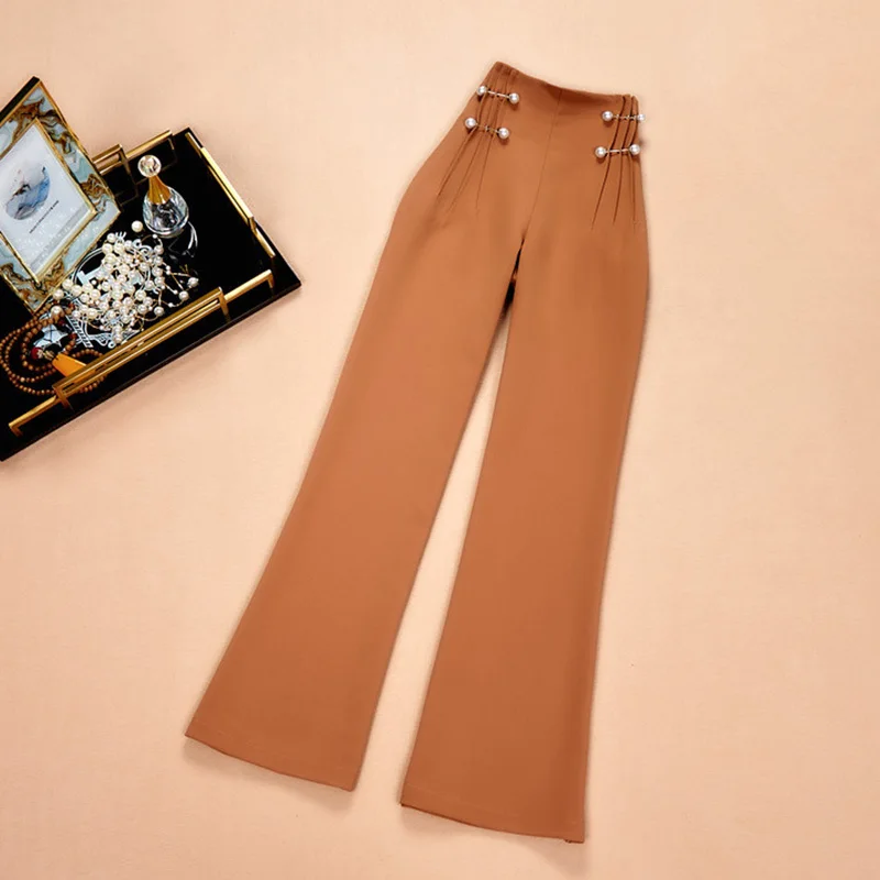 

High Quality All-match Designing Korea Style Women's High Waist Solid Color Pearl Casual Loose Flare Pants