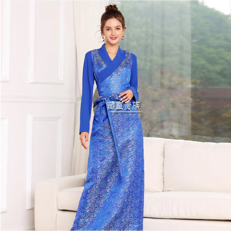 

Long sleeve Tibet nationality clothing elegant minority costumes high quality silk blend robe Tibetan women ethnic living dress