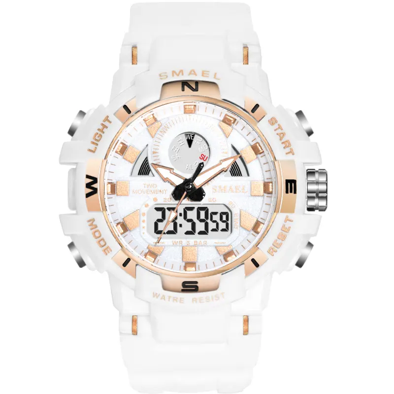 

2019 Men Watch White Sport Watches SMAEL Dual Display Watches White Rubber Alarm 1557B Waterproof Watches relogio masculino