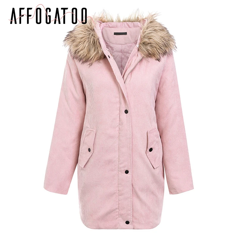 Afogatoo Вельветовая куртка с искусственным мехом и капюшоном, пальто для женщин, теплая Толстая стеганая парка, зимнее пальто, уличная одежда, пальто с карманами для женщин