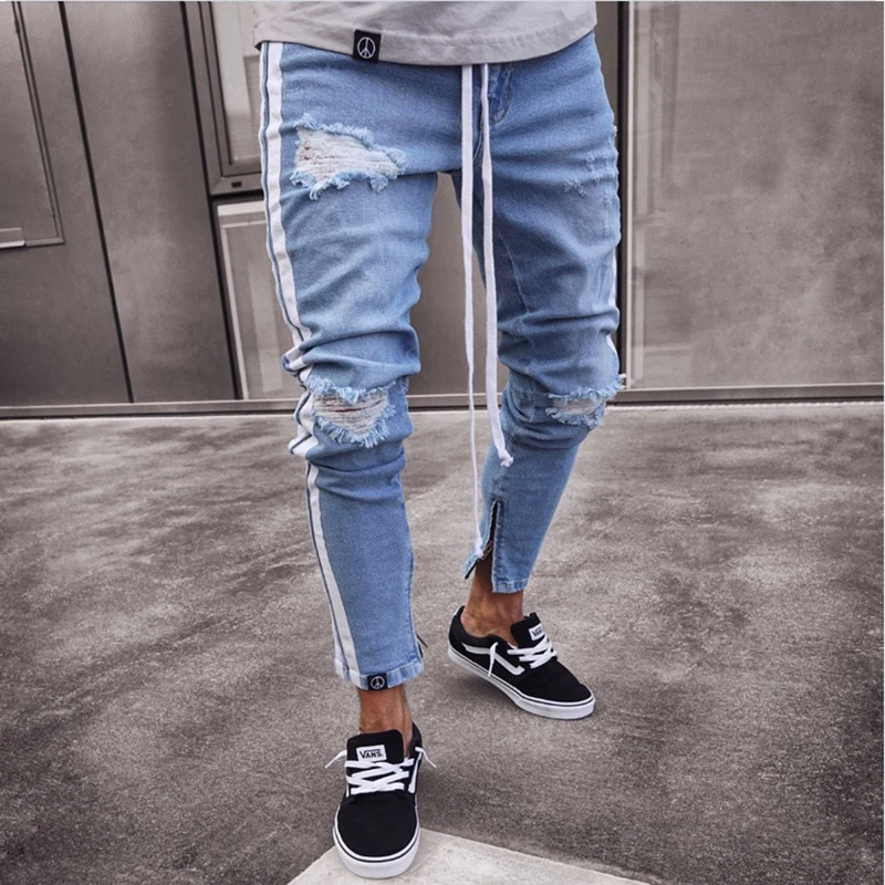 

Men denim black Jeans Slim ripped hole Jeans Fashion Hip hop Skinny pencil Jeans For Men high street stretch side striped jeans