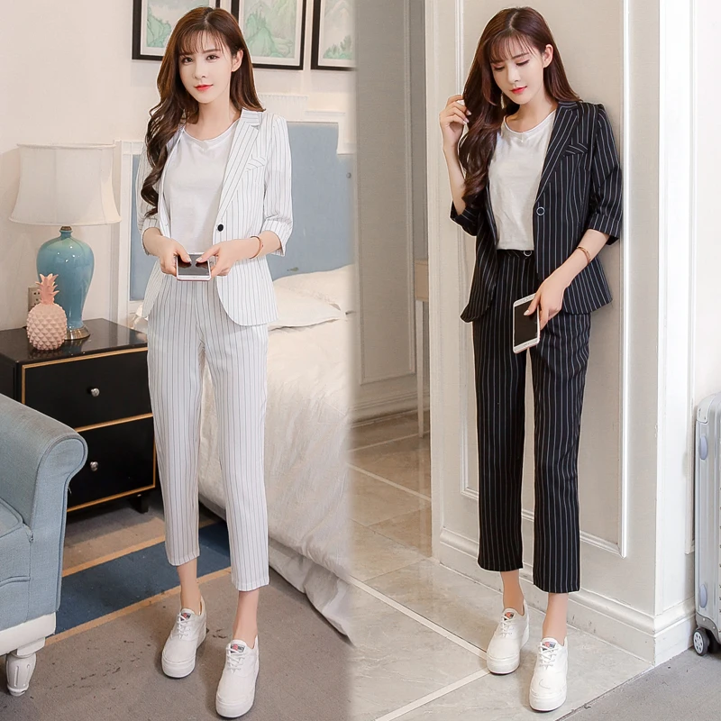 

2018 Summer New Conjunto Feminino Striped Classical Two Piece Set Top And Pants Fashion Elegant Temperament Thin Woman Suit