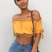 Летняя Сексуальная одноцветная гофрированая рубашка, женская тонкая Модная рубашка с открытыми плечами, короткий костюм для девочек, рубашка для девочек