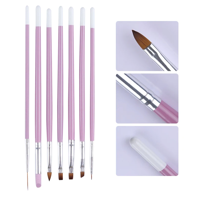 

7 Pcs/set Nail Brush Painting Drawing Liner Pen Pink Acrylic Handle UV Gel Cuticle Remover Mixed Size Nail Art Design Tools