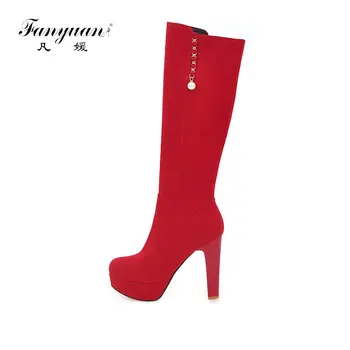 

Fanyuan Fashion lady Pumps high heel Concise Pearl Metal decoration Solid Knee-high Boots Wedding Party Warm lady Platform shoes