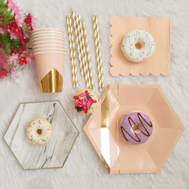 Gold Blocking Pink Marble Texture Disposable Tableware Set Paper Plates Cups Napkins Party Wedding Carnival Tableware Supplies