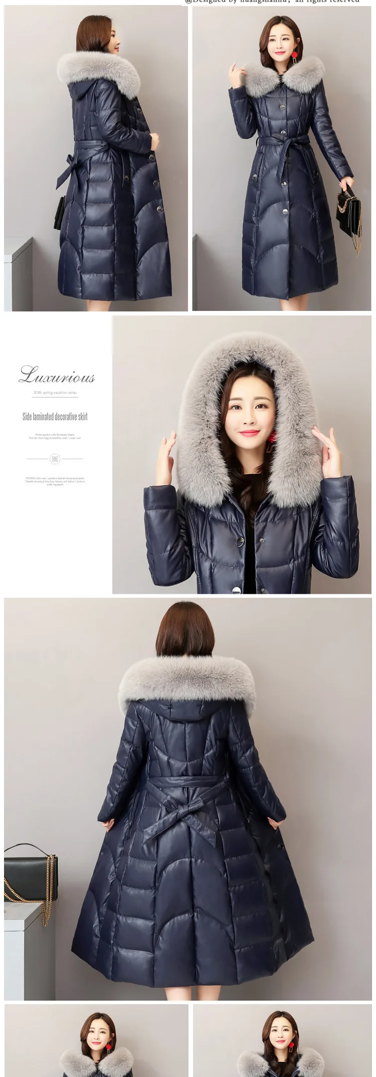 Leather Jacket Women Winter Sheepskin Genuine Leather Jacket Fox Fur Collar Hooded Duck Down Long Coat Chaqueta Mujer Q859 YY528