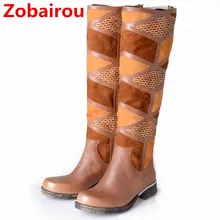 Zobairou/высокое качество; Botas mujer; ботфорты выше колена; черные, коричневые кожаные ковбойские сапоги; пикантные непромокаемые сапоги на молнии; женская обувь
