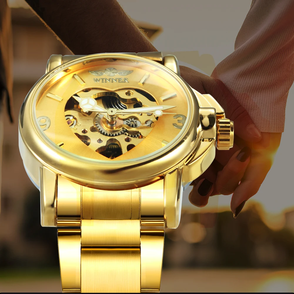WINNER люксовый бренд женские золотые часы автоматические механические из нержавеющей стали ремешок сердце Скелет циферблат элегантный стиль женские часы