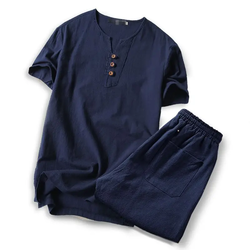 

Size L-5XL 6XL 7XL 8XL 9XL summer men's large size Linen short sleeve tshirt casual v-neck loose two-piece suit t-shirts set 9XL
