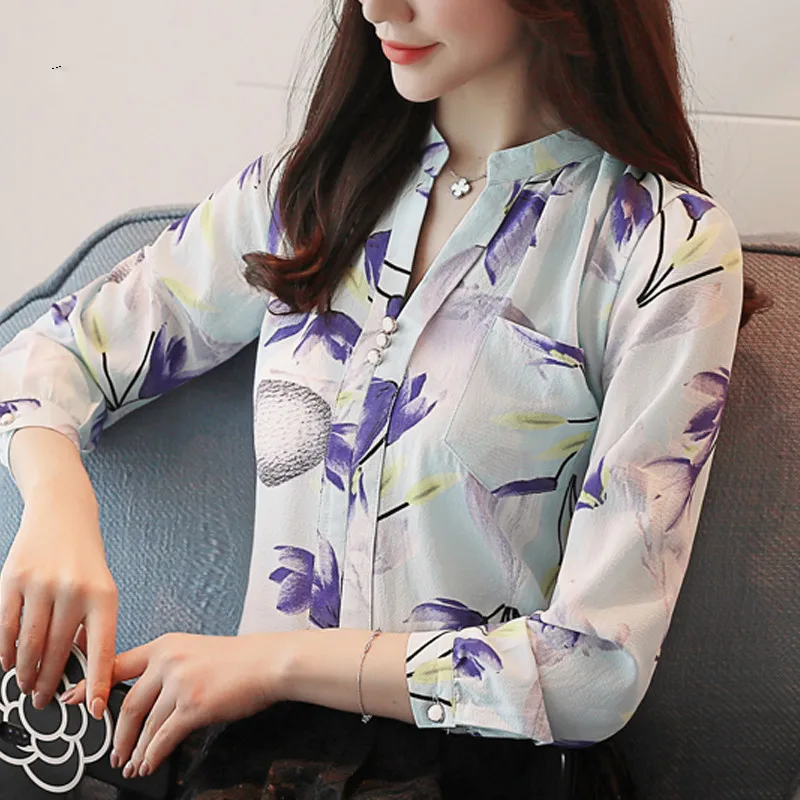 

2019 Long Sleeve Print Chiffon Women Blouse Shirt Fashion Women Blouses Blusas Feminine Blouses OL Blouse Women Tops