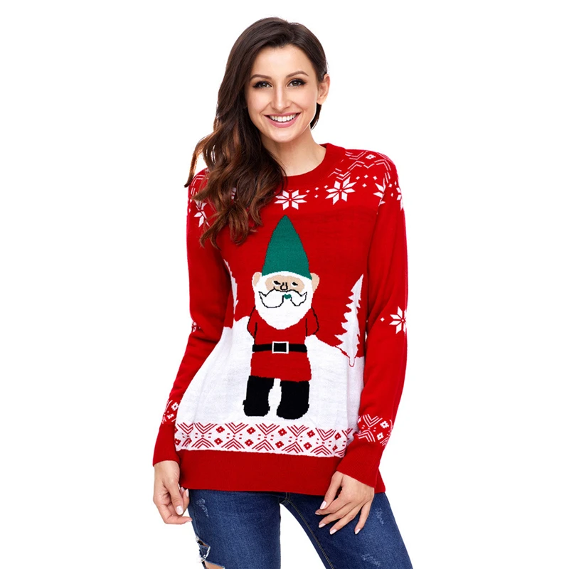 Women Santa Claus Print Sweaters Female Casual Christmas Red Fit Jumper ...