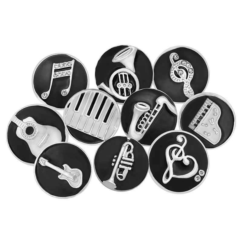 Fashion Round Black Oil Crystal musical note Instruments Metal snap buttons for DIY charm bracelet jewelry wholesale KZ1028 | Украшения и
