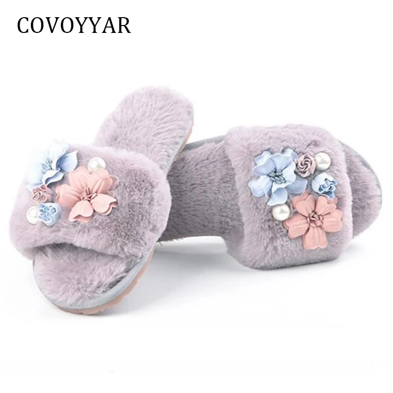 

COVOYYAR Sweet Flowers Women Slippers 2019 Warm Home Slippers Flat Floor Indoor Shoes Women Furry Winter Shoes Big Sizes WSL591