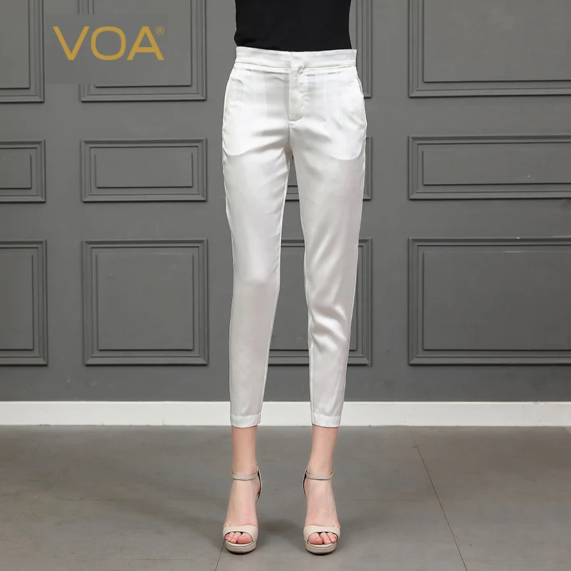 

VOA fashion Simple white silk Mid waist Slim fit Wild Nine pants Commuting Pencil pants K2535