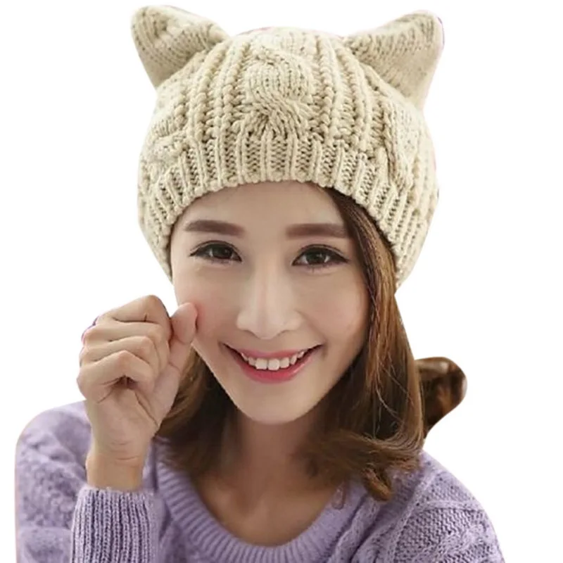 

New Beanies Women Hat Cat Ears Warm Knitted Slouch Baggy Beret Hat Cap For women Bonnet Female Warm Skullies Hat