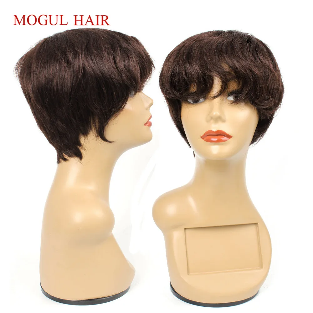 Mogul Hair Human Hair Wig With Bang Dark Brown Machine Made Wig