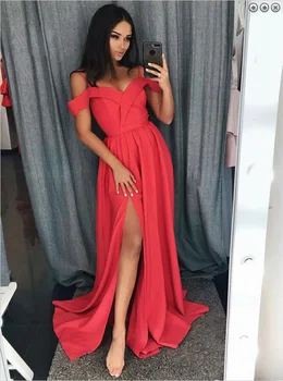 

Watermelon Prom Dresses Blue Pink Sexy Off Shoulder Sweetheart High Split Ruched A-line Evening Gown Custom Made