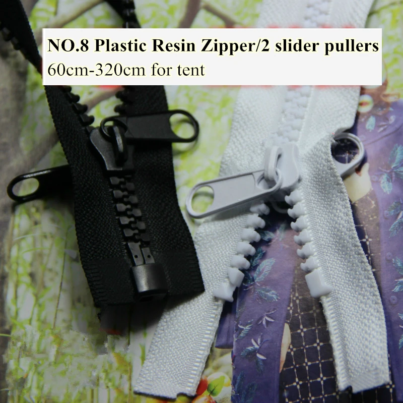 

2 Pieces Tent Zipper No.8 Plastic Resin Zipper 60-320cm long Open end Double slider Puller white/black Customized free shipping