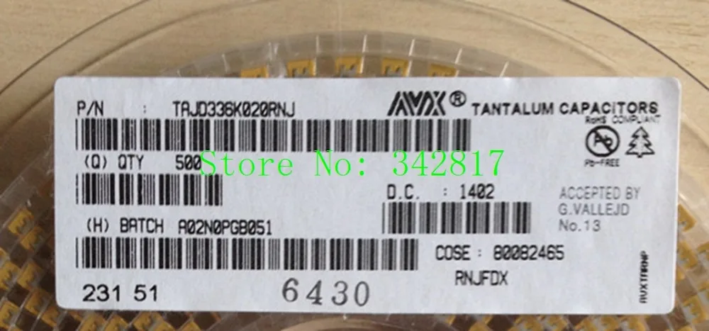 TAJD336K020RNJ CAP TANT 33UF 20V 10% 2917 Tantalum Capacitors D type 50pcs | Электронные компоненты и