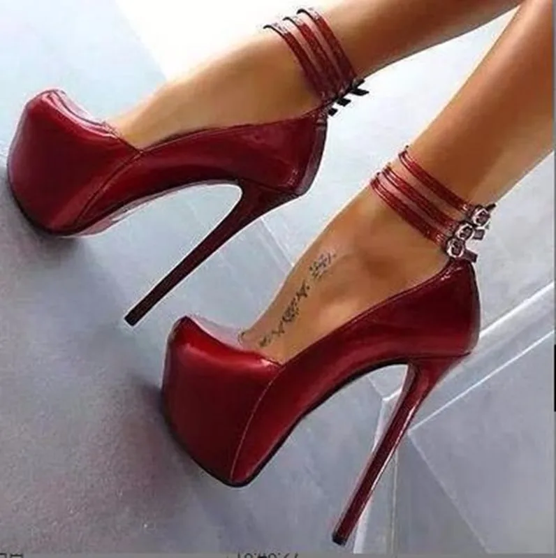 

HOOFLORON Shoes, women's pumps heel shoes new fashion free shipping, red patent leather, bare foot strap, 16 cm high heels, roun